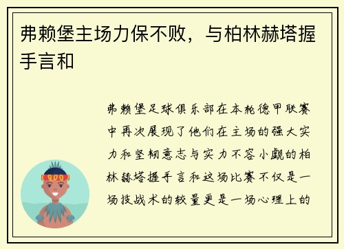 弗赖堡主场力保不败，与柏林赫塔握手言和