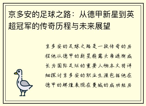 京多安的足球之路：从德甲新星到英超冠军的传奇历程与未来展望